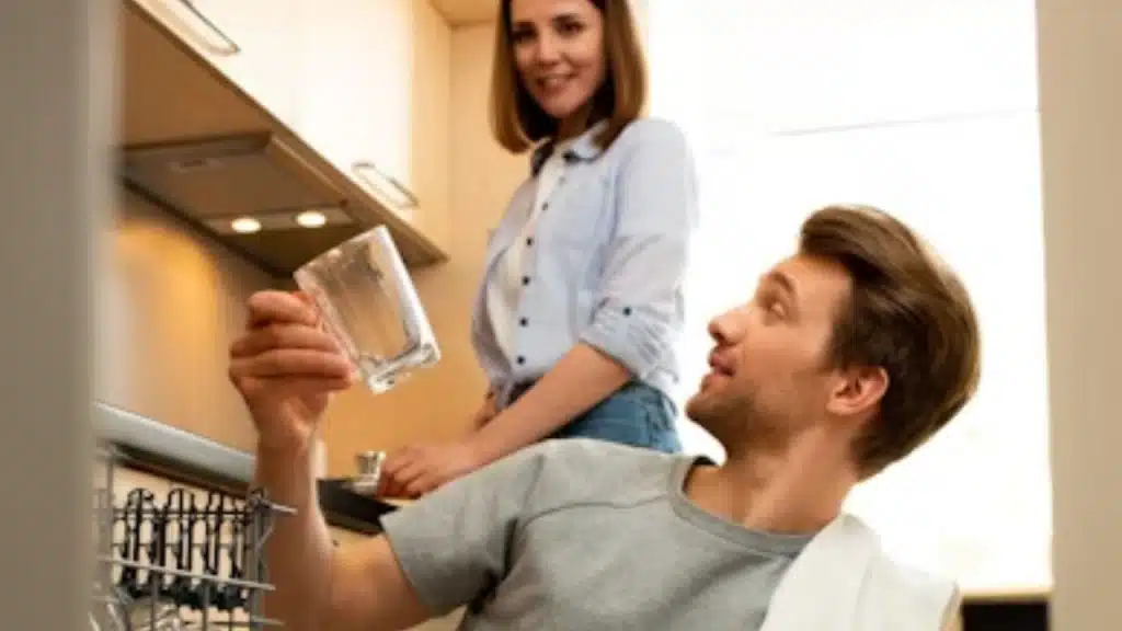 Couple dividing household chores in the kitchen