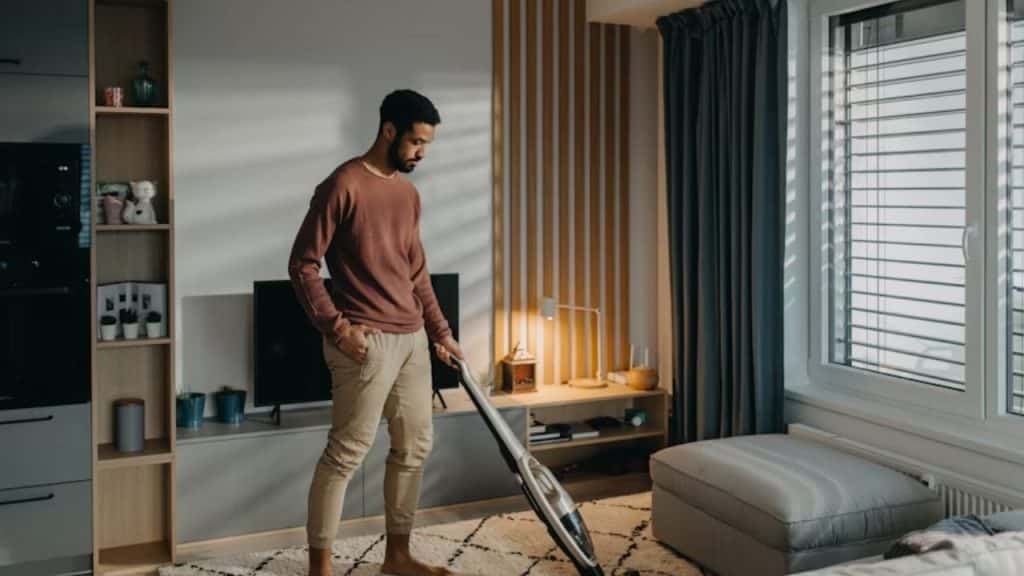 Man doing chores after working in the office