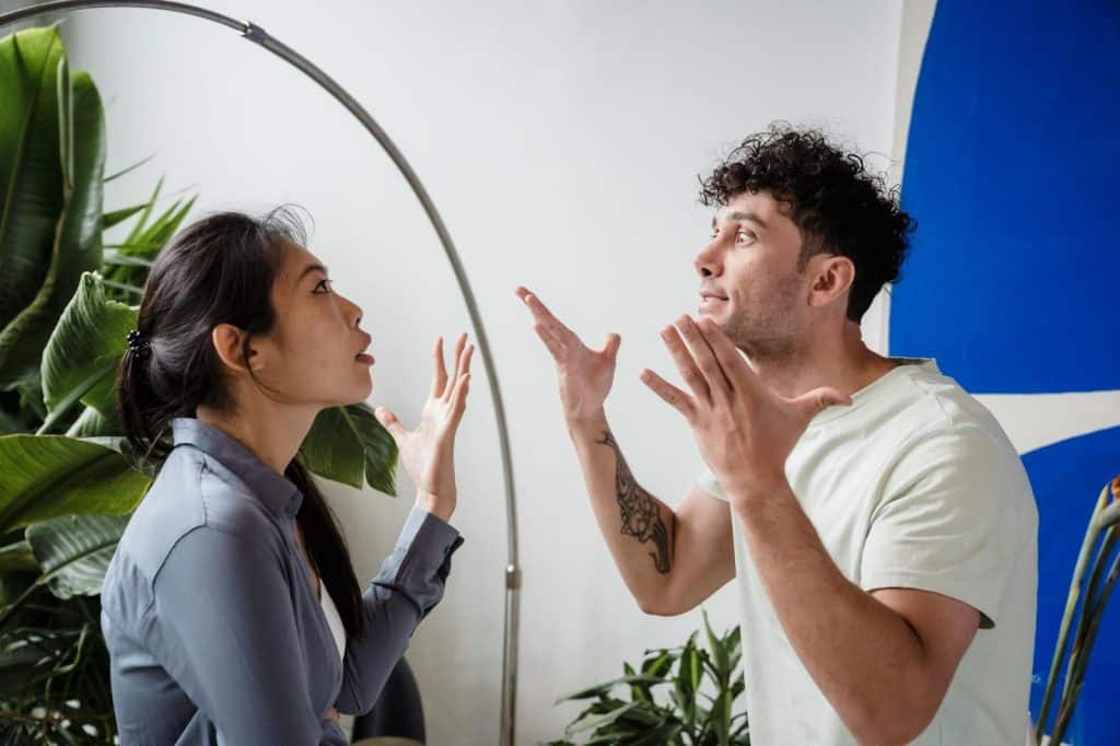 A man and woman shouting at each other 