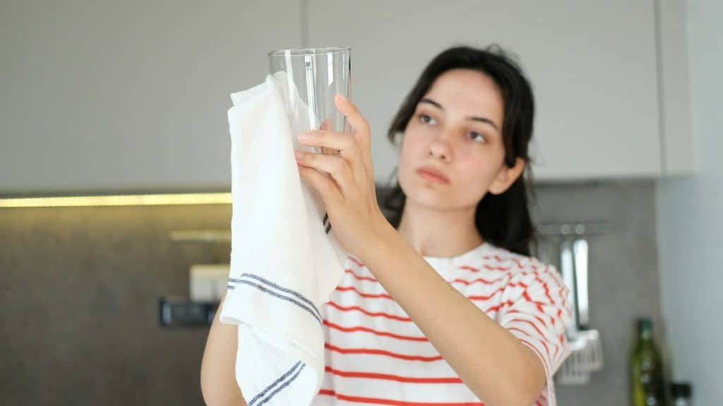 A young woman meticulously polishes a glass with a white towel in a kitchen.