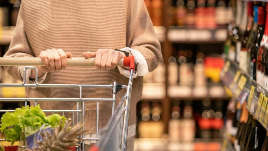 A person pushing a shopping cart in a grocery store aisle.
