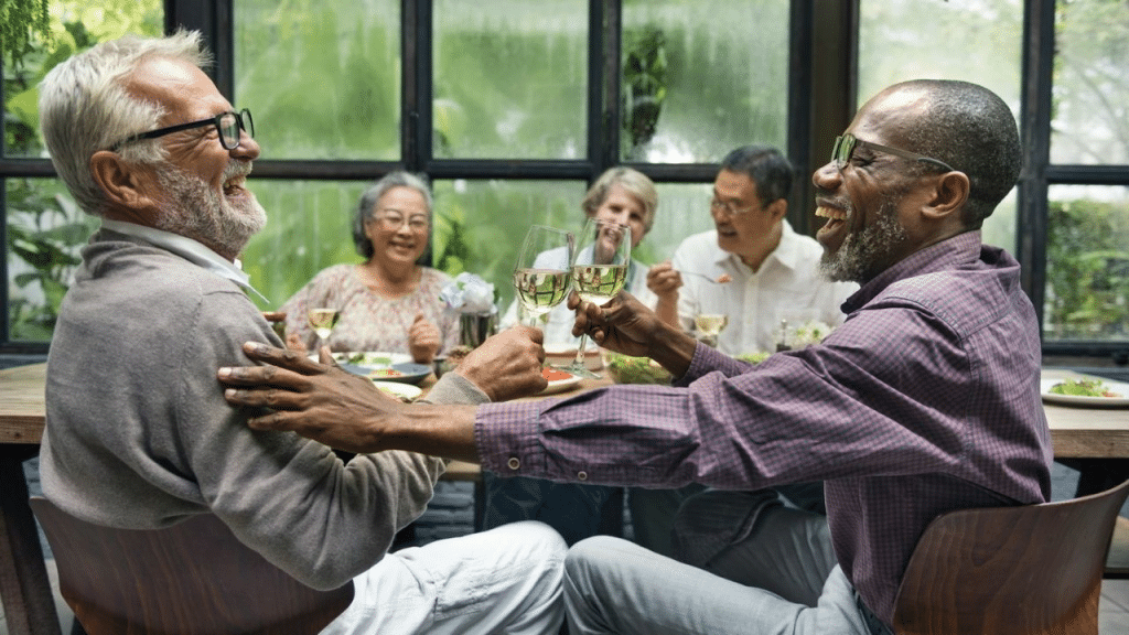 A happy group of diverse elderly friends is laughing and toasting with glasses of white wine at a dining table.