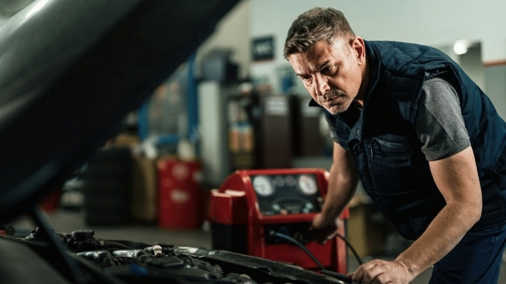 A focused mechanic in a blue vest is working on a car in a garage
