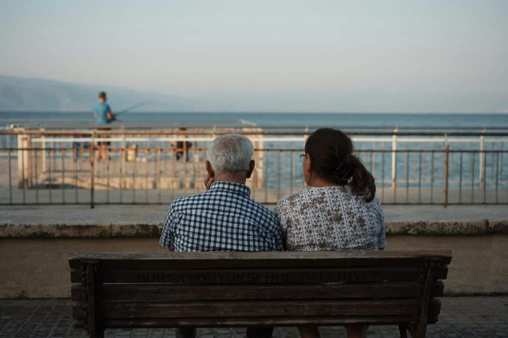 A couple sitting at the bench