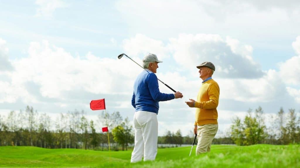Two elderly men with golf clubs are talking on a golf course.