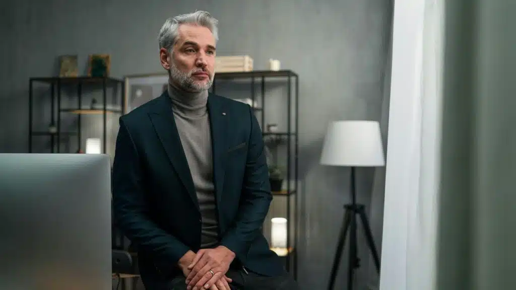 A handsome, gray-haired man in a dark suit and turtleneck looks out a window.