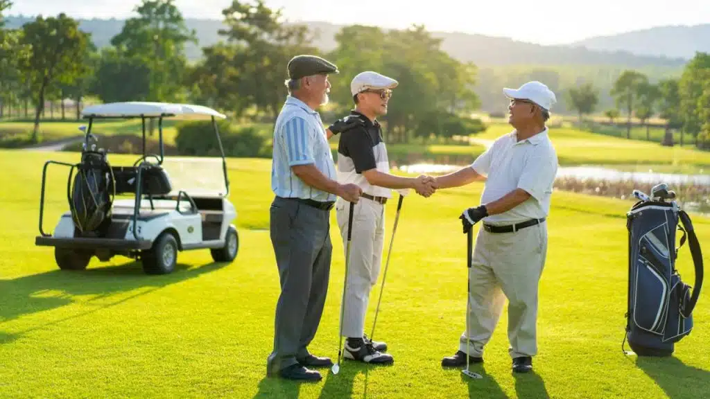 Three mature men in golf attire shake hands on a golf course with a cart.