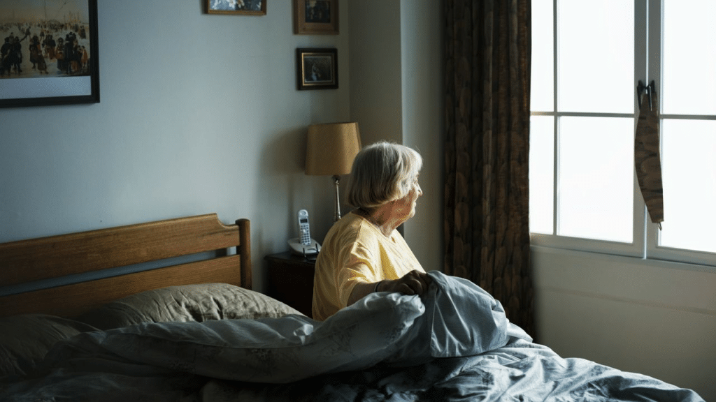 A sad, elderly woman with gray hair sits in bed, looking out a window.