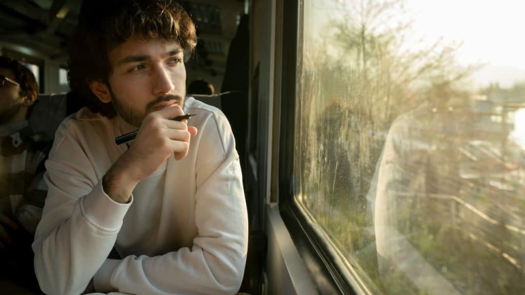 A contemplative man on a train looks out a window at a sunlit landscape.