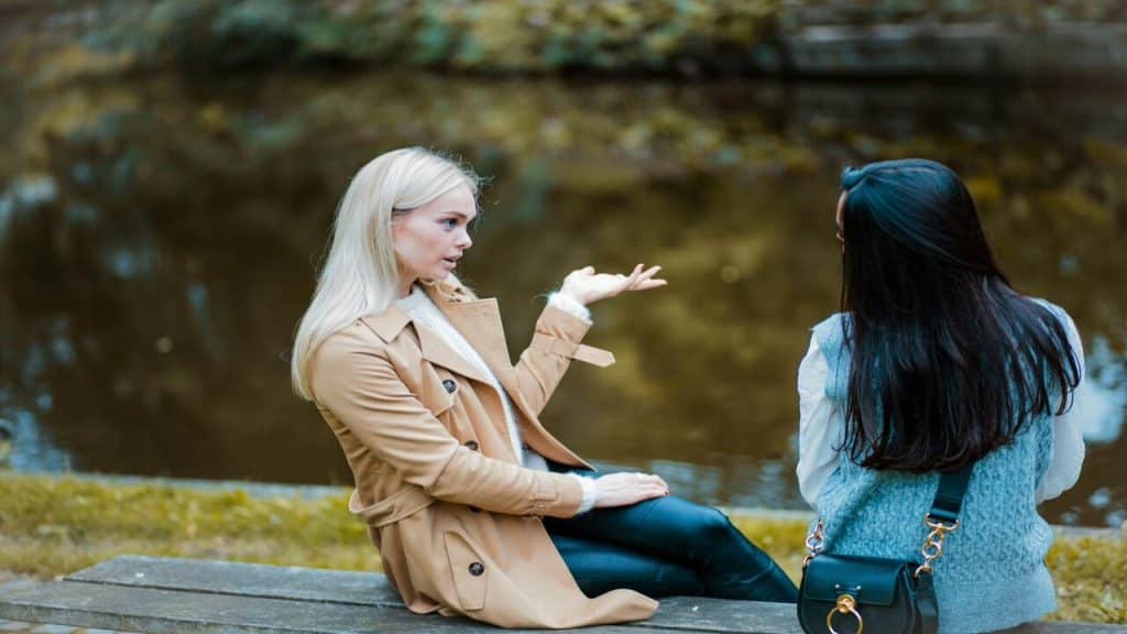 Two friends conversing in the park