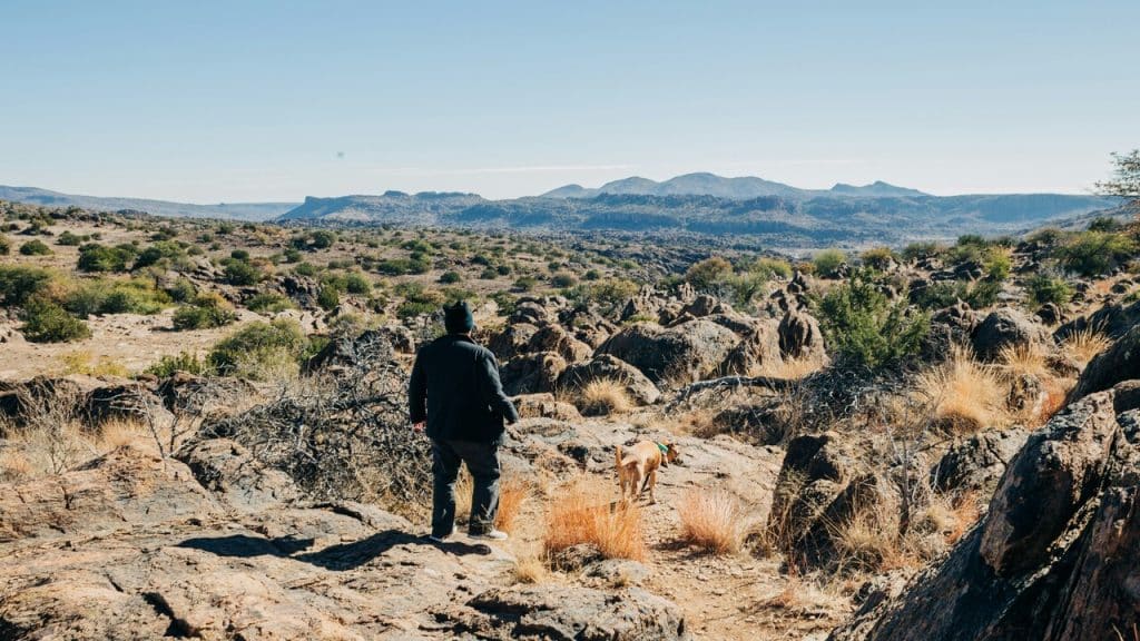 A man walking his dog on a field