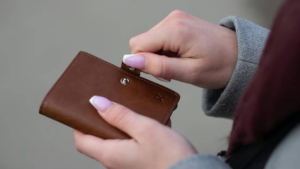 A person with long nails holds and opens a small brown leather wallet.
