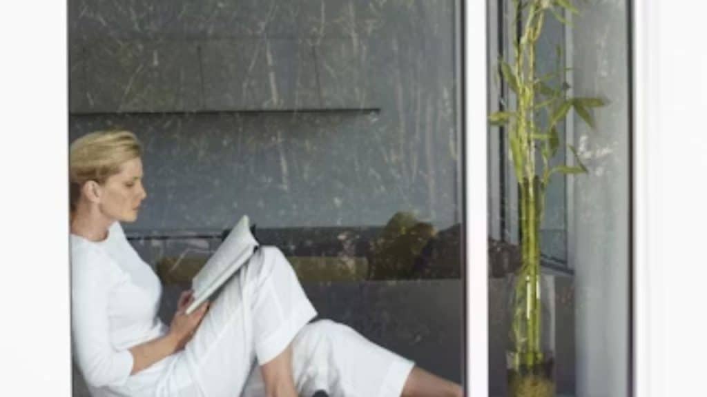 Woman reading a book by the window with sunlight streaming in