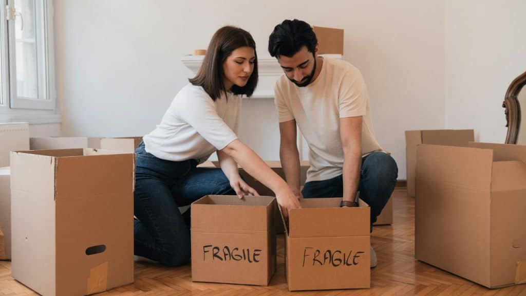 A man and a woman kneel on the floor, packing boxes labeled "Fragile."
