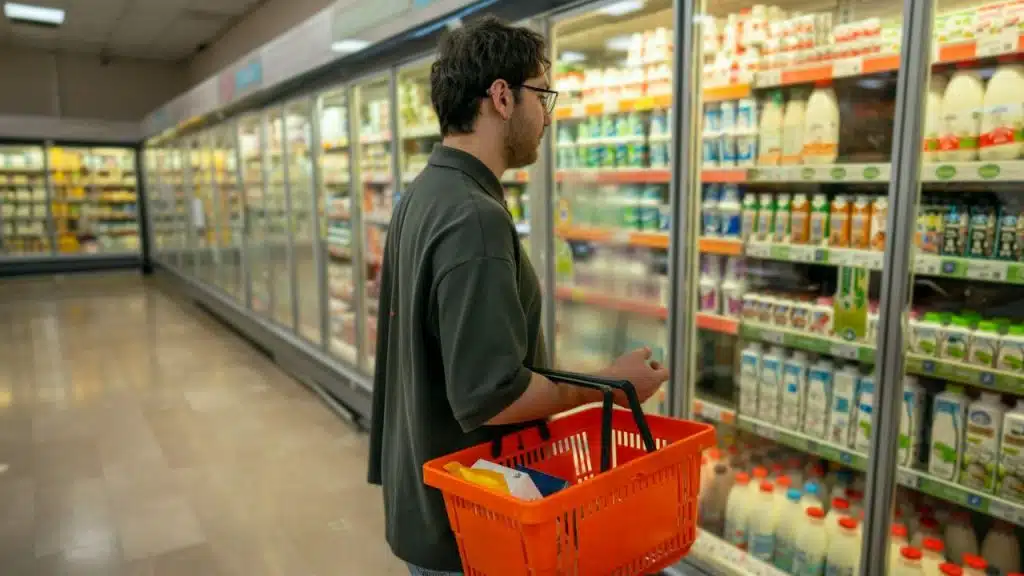 A man holding an orange shopping basket looks at a refrigerated dairy case in a grocery store.