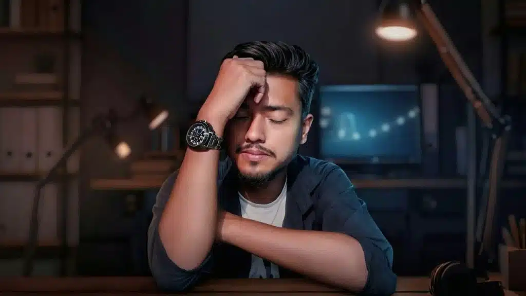 A man sits at a desk in the dark, his eyes closed, with his hand on his head.