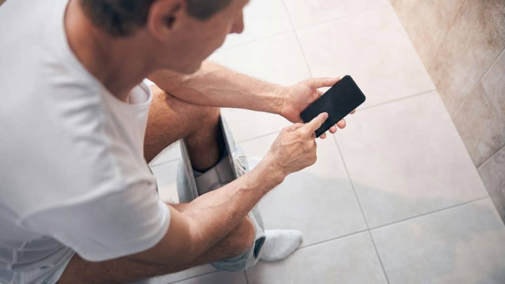 A person sits on a toilet, looking at their phone.