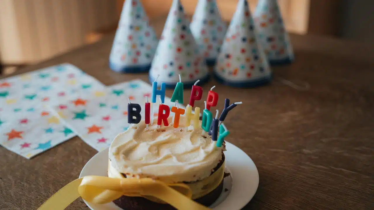 A birthday cake with candles and party hats on a table.