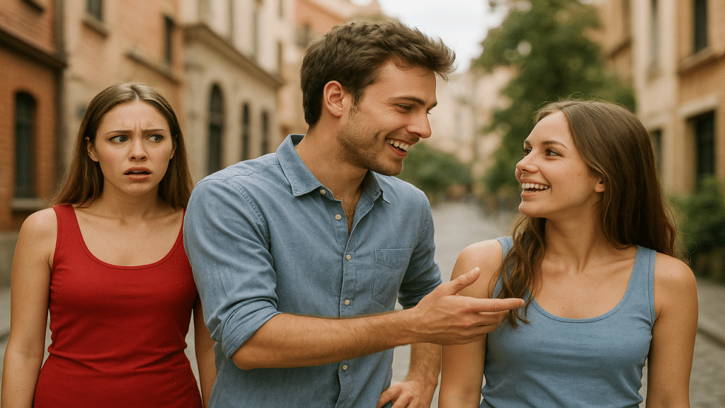 A Woman looking shocked while a man talks to another woman.