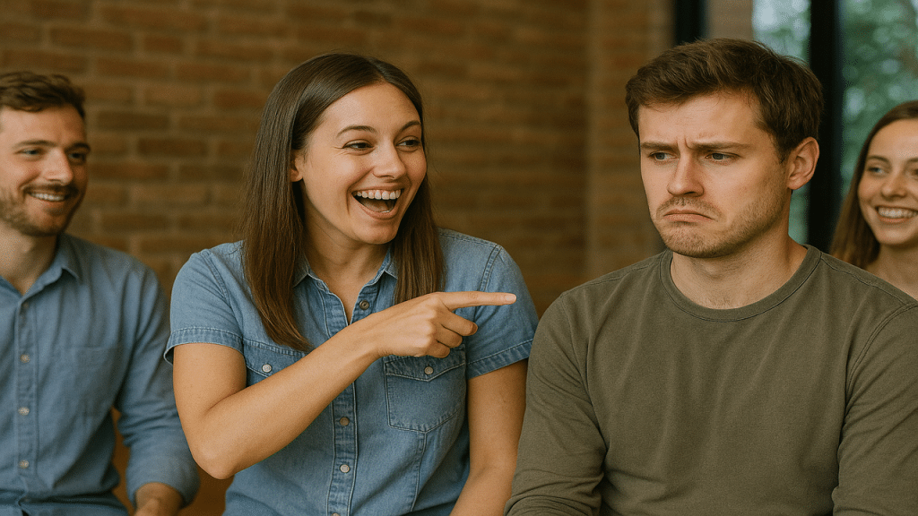 A man looking upset as his girlfriend jokes about him