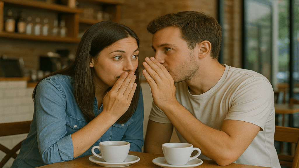 A man and a woman gossiping at a cafe