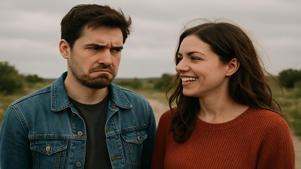 A man looking annoyed by his girlfriend