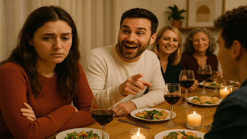 A woman looking humiliated as her boyfriend jokes about her