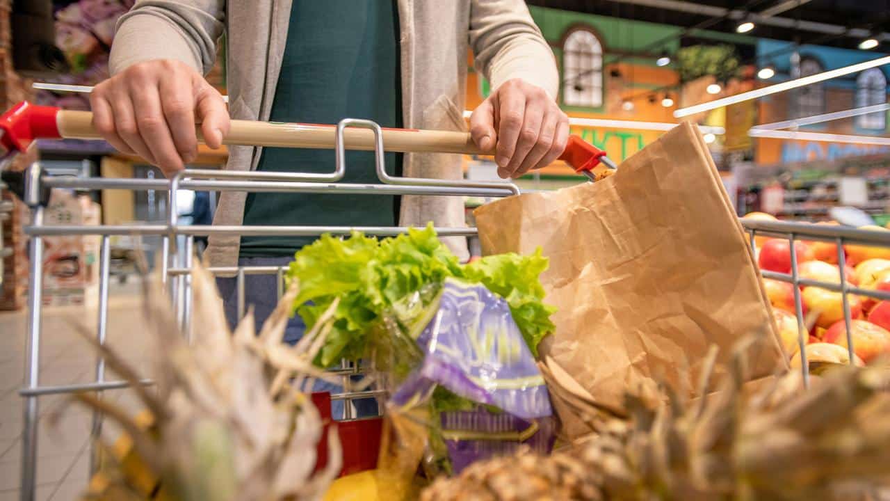 A person pushing a shopping cart filled with groceries.