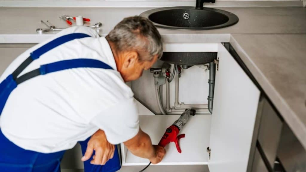 A man fixing a leaky sink in his kitchen