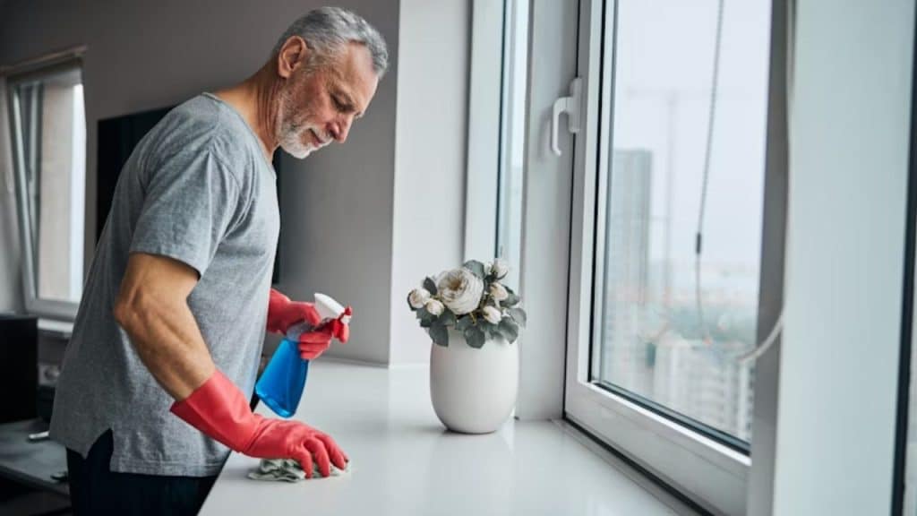 A man cleaning his living room