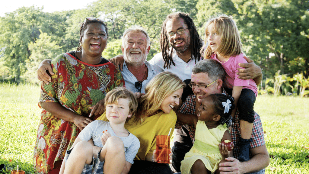 A blended family taking a photo together