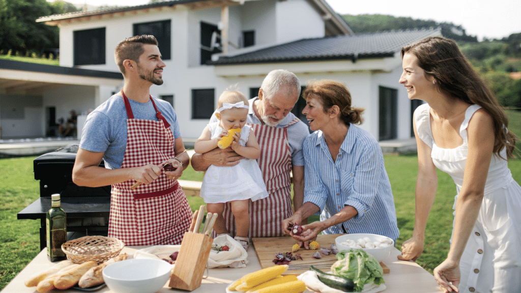 A family having a backyard barbecue
