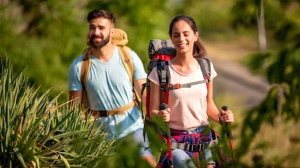 Couple hiking together in the forest