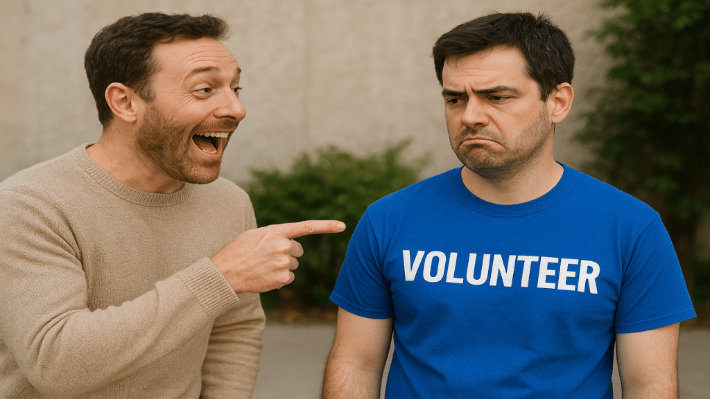 A man mocking his volunteer friend.