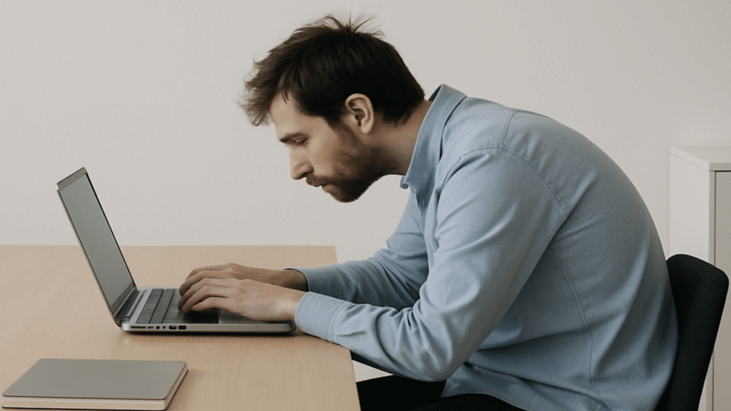 A man slouching over his laptop