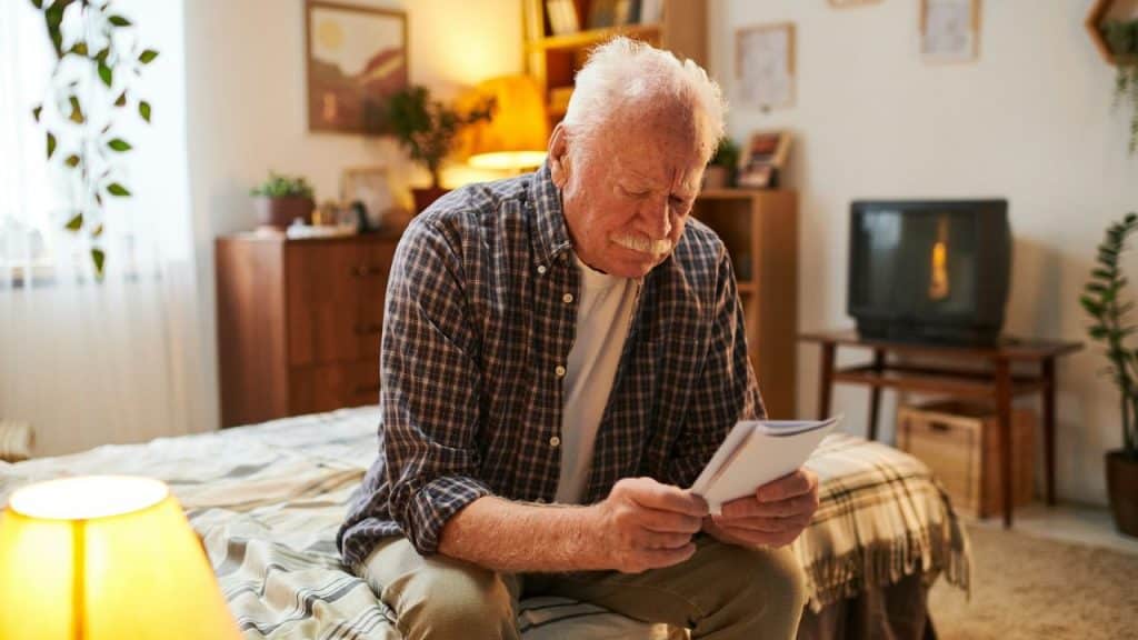 An elderly man with a mustache looks at a document while sitting on a bed.
