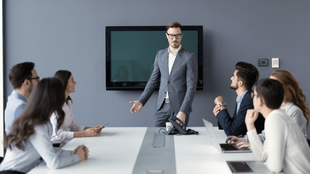 A man leading a business meeting