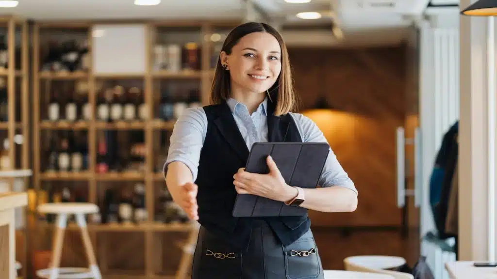  A woman standing in what looks like a cafe or store, smiling and holding out her hand as if to shake someone's hand.