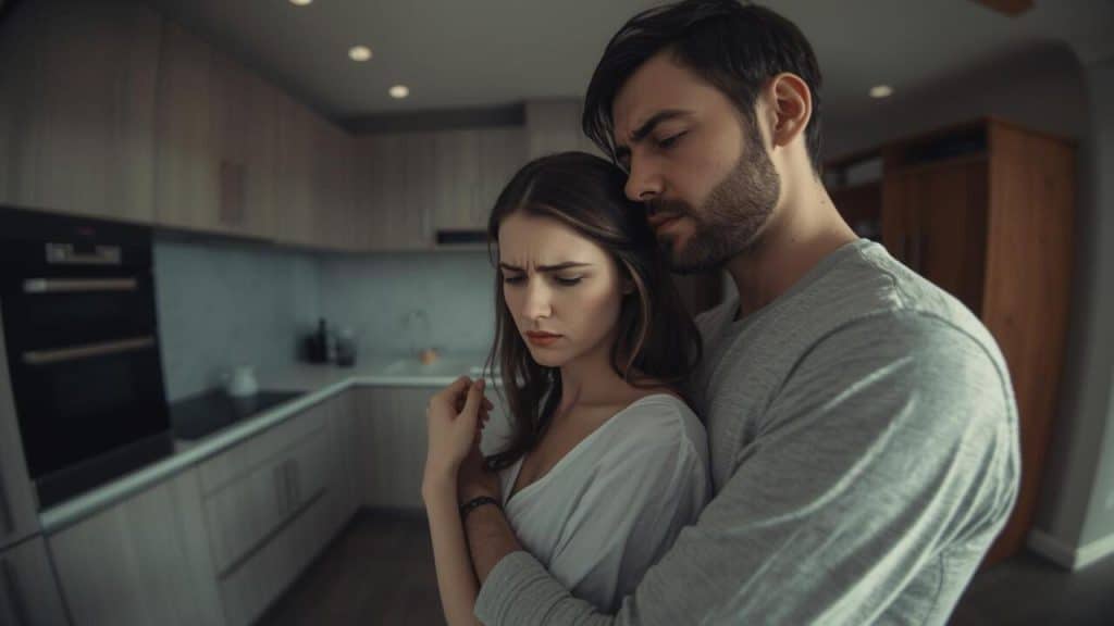 A couple hugging in the kitchen with the wife looking unhappy