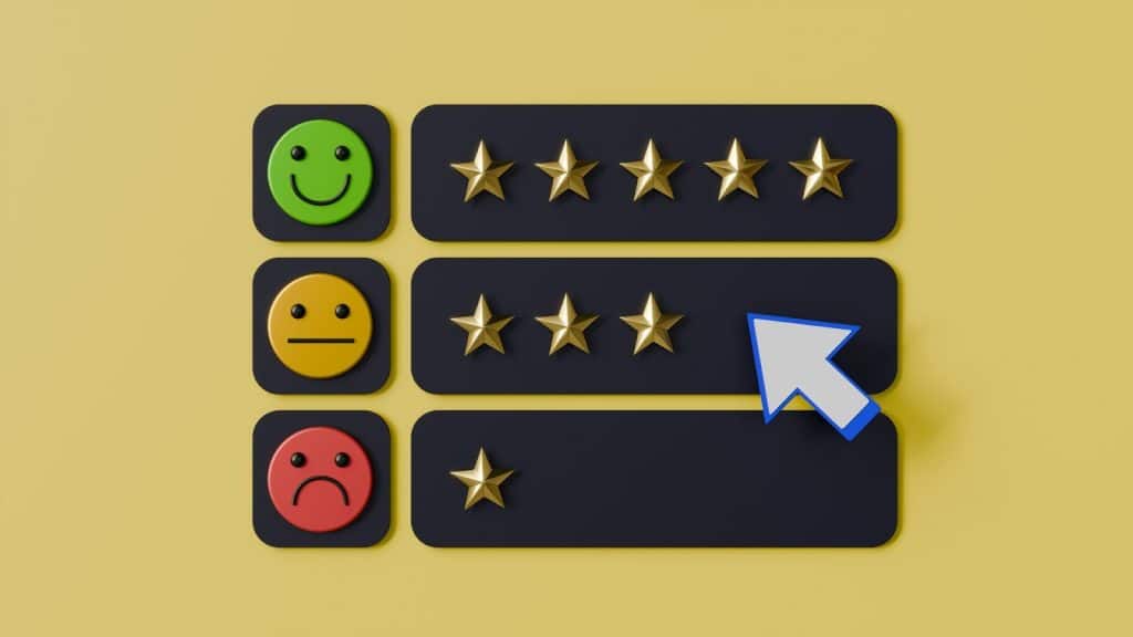 Rating system with happy, neutral, and sad faces corresponding to star ratings. A cursor points to a four-star review.