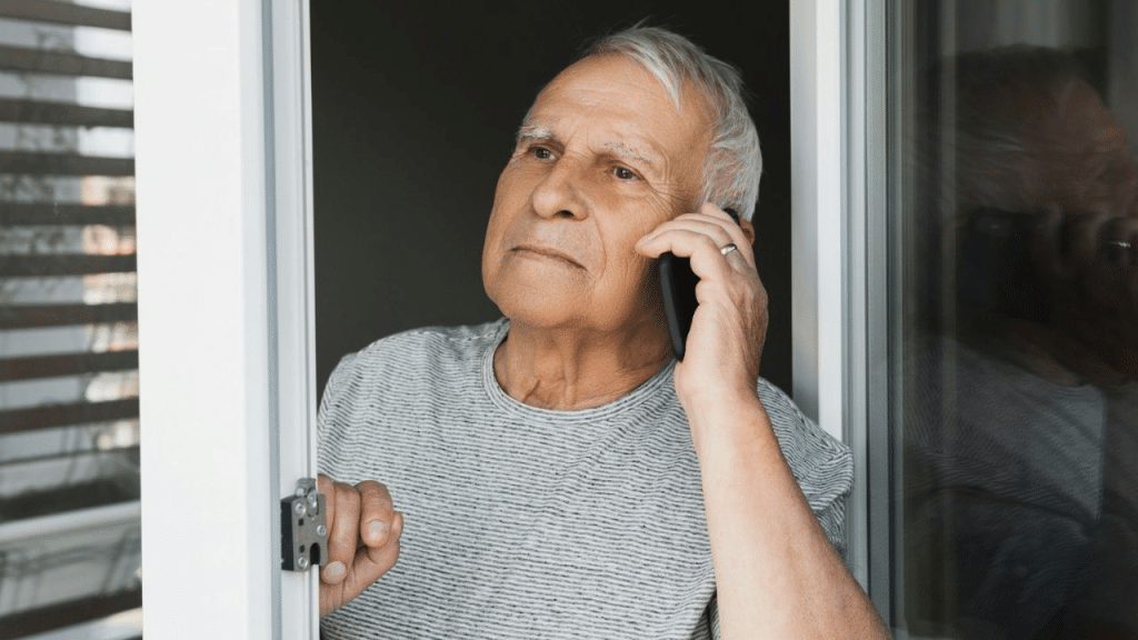 A pensive, senior man is leaning out a window and talking on a smartphone.