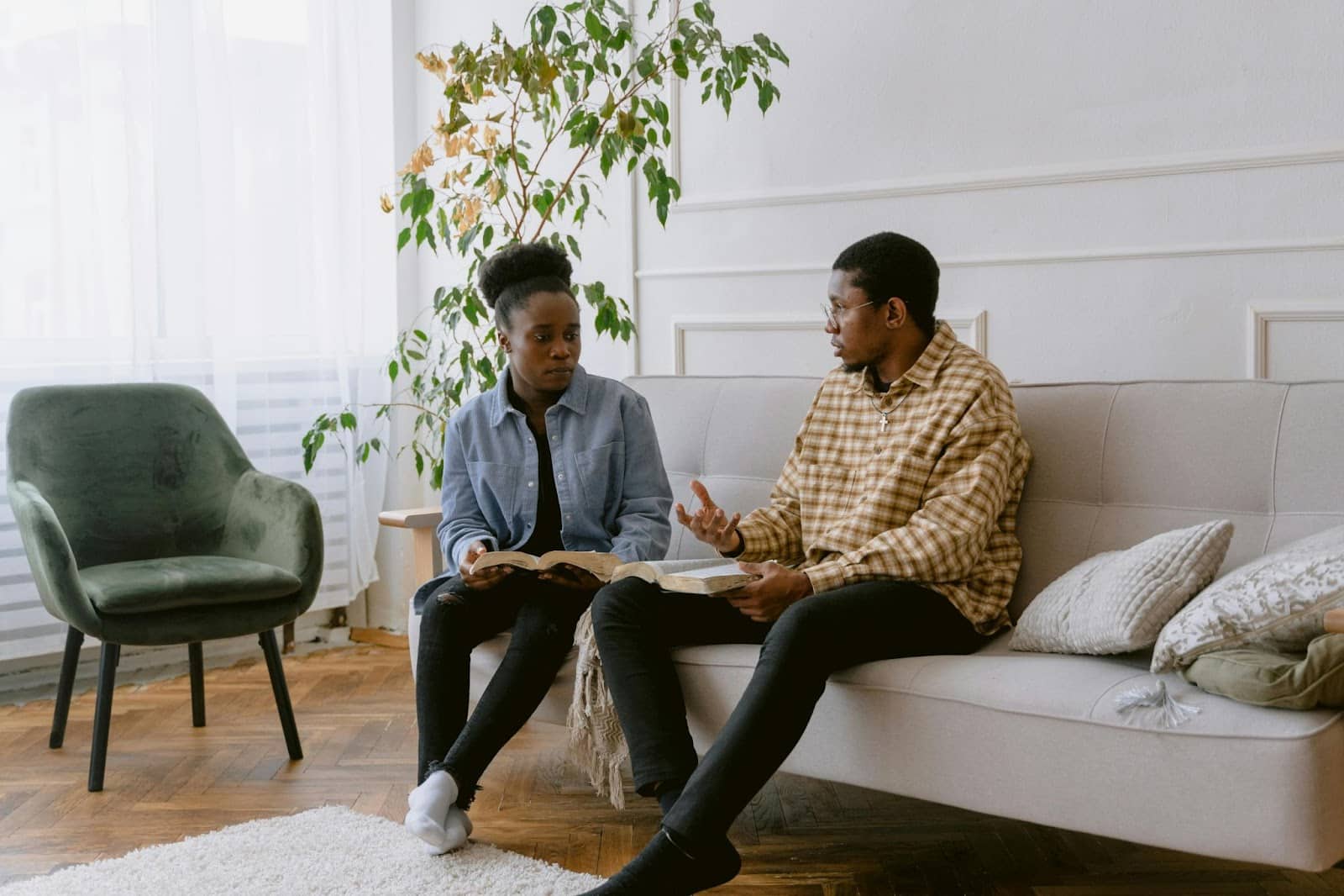 A man and woman talking.