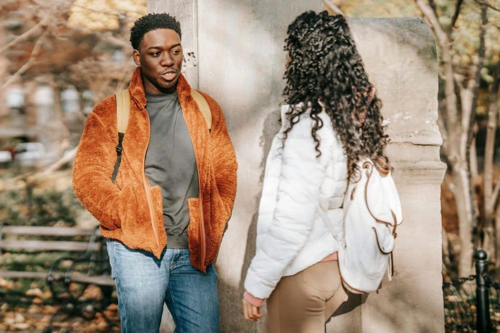 A man and woman talking