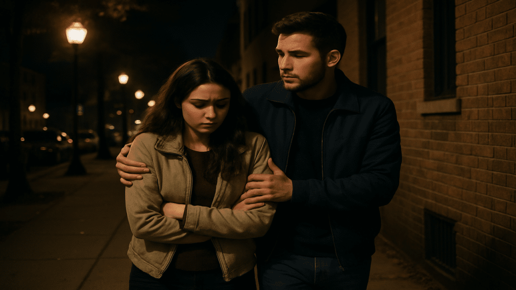 A man being protective of his girlfriend