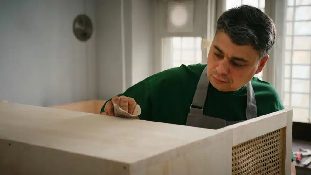 A man wearing a gray apron and green shirt, sanding a wooden piece of furniture.