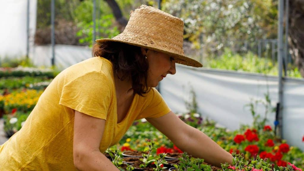 A woman in a straw hat tending flowers in a garden.