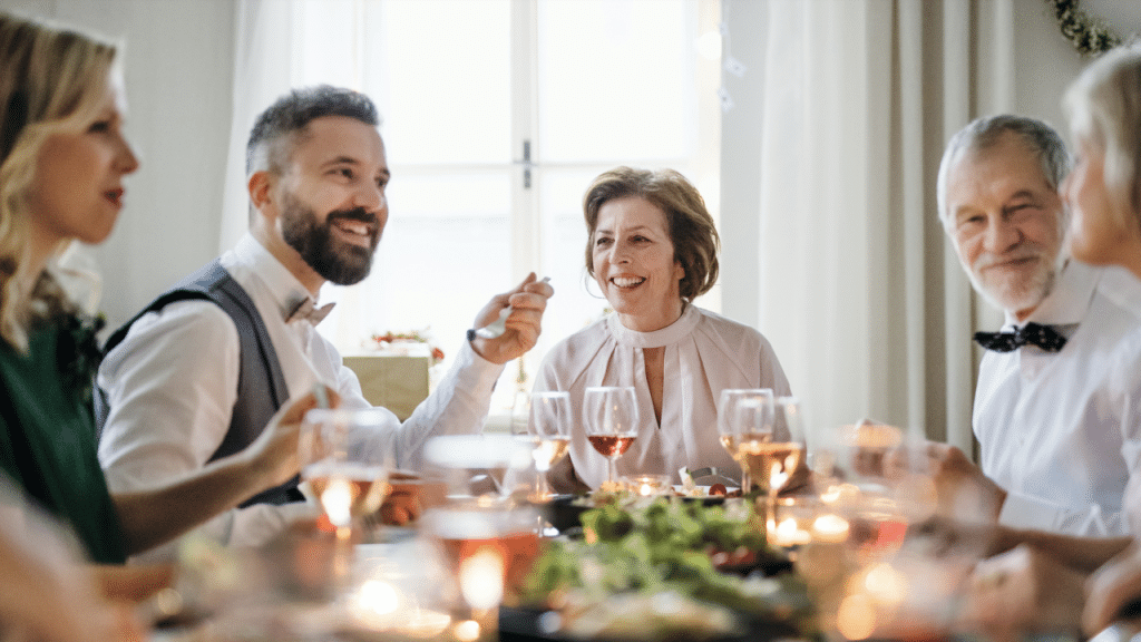 An extended family having dinner