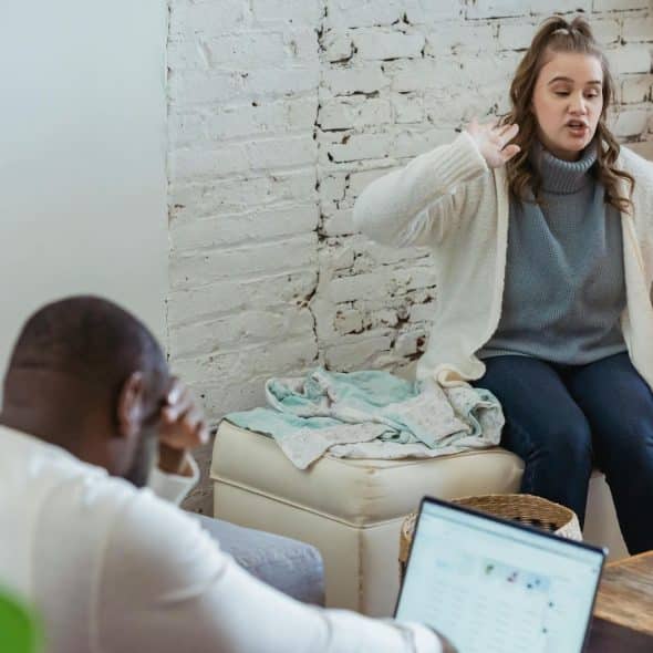 A man and woman talking