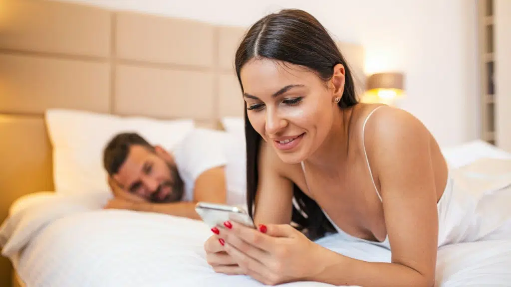 A smiling woman looks at her phone while a man rests in the background.