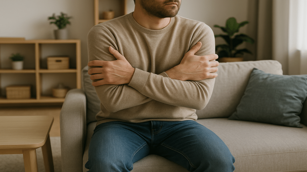 A man hugging himself in the living room